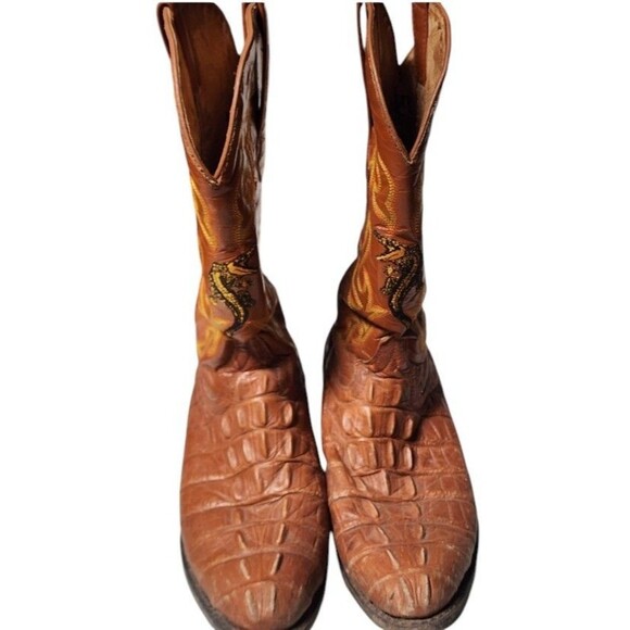 JOHNNY BOOTS Orange Brown Leather Gator Western Embroidered Boots US M7.5 W 9 - Picture 4 of 9